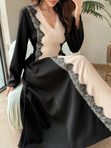 Al Najma 女款春秋阿拉伯風拼接色蕾絲飾邊長版長袍洋裝 V領繫腰長袖,適合宴會派對 - 黑色 - 查看 8
