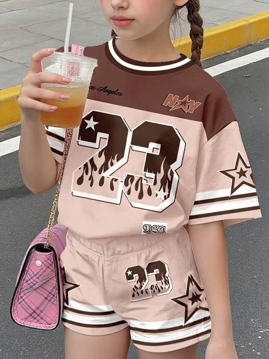 两件套少女休闲宽松圆领短袖针织T恤和短裤,美国洛杉矶23号图案,适合春夏穿着 - 彩色 - 查看 1