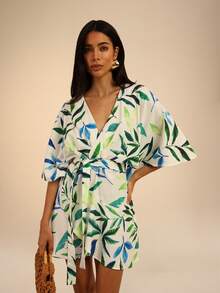 Dancing Leopard Green Botanical Print Wrap Tie Side Mini Dress, Holiday/Vacation Wear - Green - View 3
