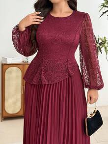 Modelyn Elegant Solid Color Lace Patchwork Round Neck Long Sleeve Cinched Waist Pleated Hem Regular Fit Plus Size Dress For Spring And Autumn - Burgundy - View 4