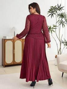Modelyn Elegant Solid Color Lace Patchwork Round Neck Long Sleeve Cinched Waist Pleated Hem Regular Fit Plus Size Dress For Spring And Autumn - Burgundy - View 2