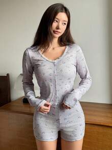 DAZY Lace Patchwork Ditsy Floral Fitted Pajama Set, Fall Winter Clothes - Grey - View 6