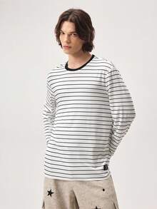 Vaulklash Men 1pc White Fitted Ribbed Knit Crew Neck Long Sleeve T-Shirt, Summer, Fall - Black and White - View 5