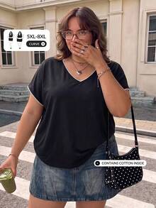 SHEIN CURVE+ 大尺碼 22W 黑白對比蕾絲落肩袖上衣 波希米亞簡約休閒度假風 2026夏季 適合健行 - 黑與白 - 查看 1