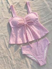 SHEIN Conjunto de Tankini de unicolor con Tirantes y Nudo Delantero para Adolescentes, Ideal para Vacaciones en la Playa - Rosa - Ver 5
