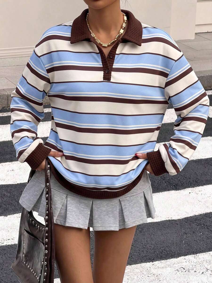 SHEIN 青少年女孩秋季復古歐美風 Polo 領鈕扣寬鬆休閒學院風長袖衛衣,街頭休閒風,寬鬆 Polo 條紋印花衛衣,適合日常休閒通勤百搭 - 咖啡棕 - 查看 1