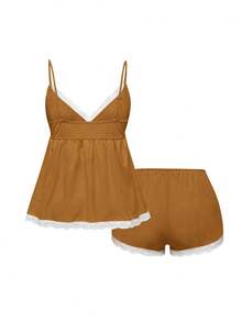 ROMWE Conjunto de pijama casual de camiseta de tirantes acanalada y pantalones cortos con encaje - Marrón - Ver 2