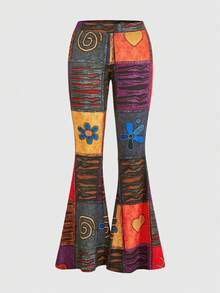 ROMWE PUNK Grunge Patchwork Print Flare Leg Trousers - Orange - View 1