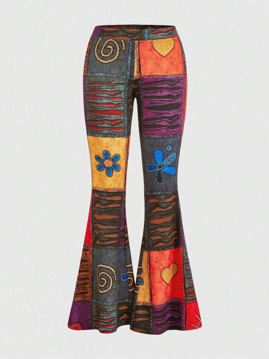 ROMWE PUNK Grunge Patchwork Print Flare Leg Trousers - Orange - View 1