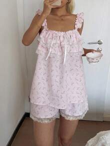 DAZY 2件套甜美碎花荷叶边蕾丝拼接无袖上衣和宽松短裤睡衣套装，女士夏季 - 粉色 - 查看 3