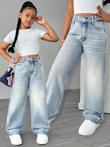 SHEIN Celana Jeans Kasual Anak Perempuan Remaja Warna Biru Muda dengan Potongan Lebar - Biru - View 1