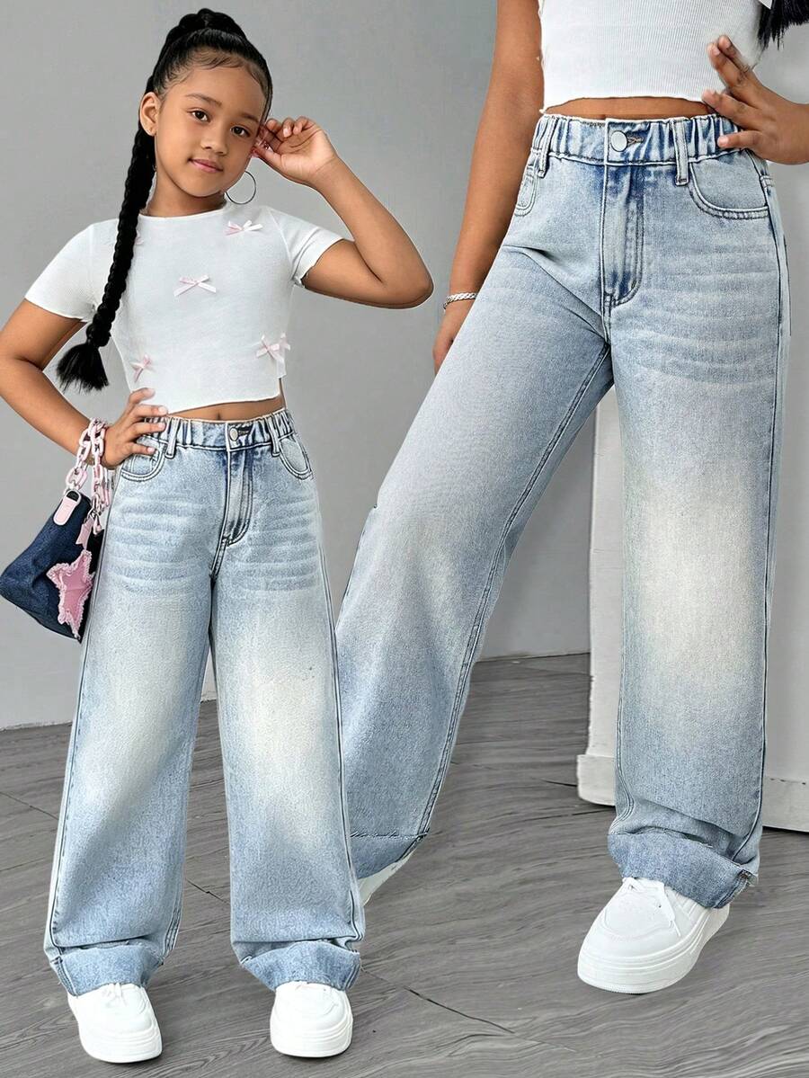 SHEIN Celana Jeans Kasual Anak Perempuan Remaja Warna Biru Muda dengan Potongan Lebar - Biru - View 1