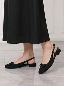Sleekvia Black Suede Bow Design Back Strap Pumps - Black - View 3