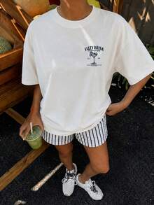 青少年女孩休閒極簡風寬鬆圓領短袖T恤與寬鬆短褲兩件套，適合春夏穿著 - 彩色 - 查看 1