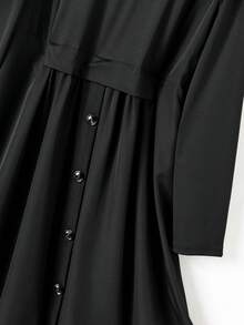 Rusticease Women's Solid Color Round Neck Long Sleeve Button Design Casual Modest Long Dress Autumn Elegant Office Dinner Black - Black - View 5