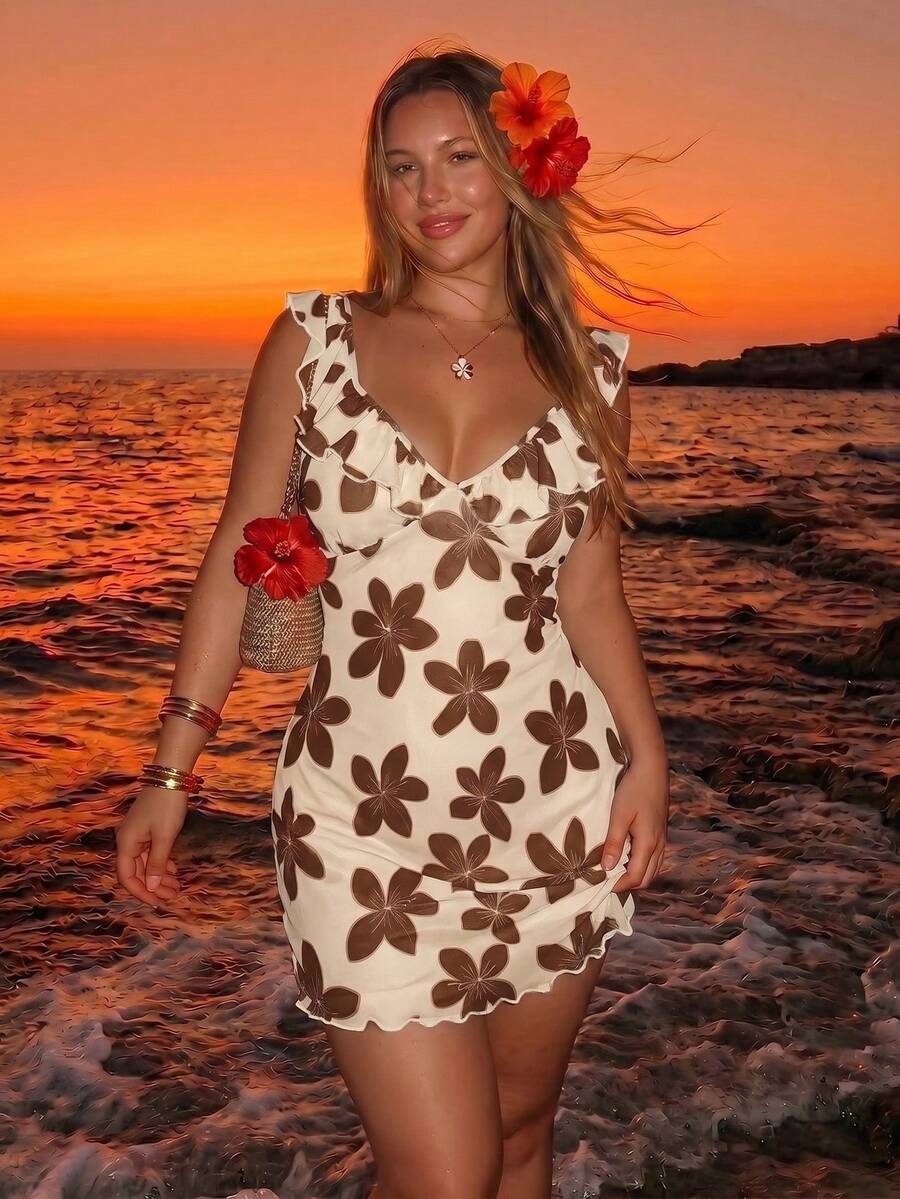 SHEIN ICON 大尺碼女款復古碎花夏季波希米亞風度假復古Y2K心形領荷葉邊下擺修身洋裝-優雅時尚沙灘風 - 彩色 - 查看 1