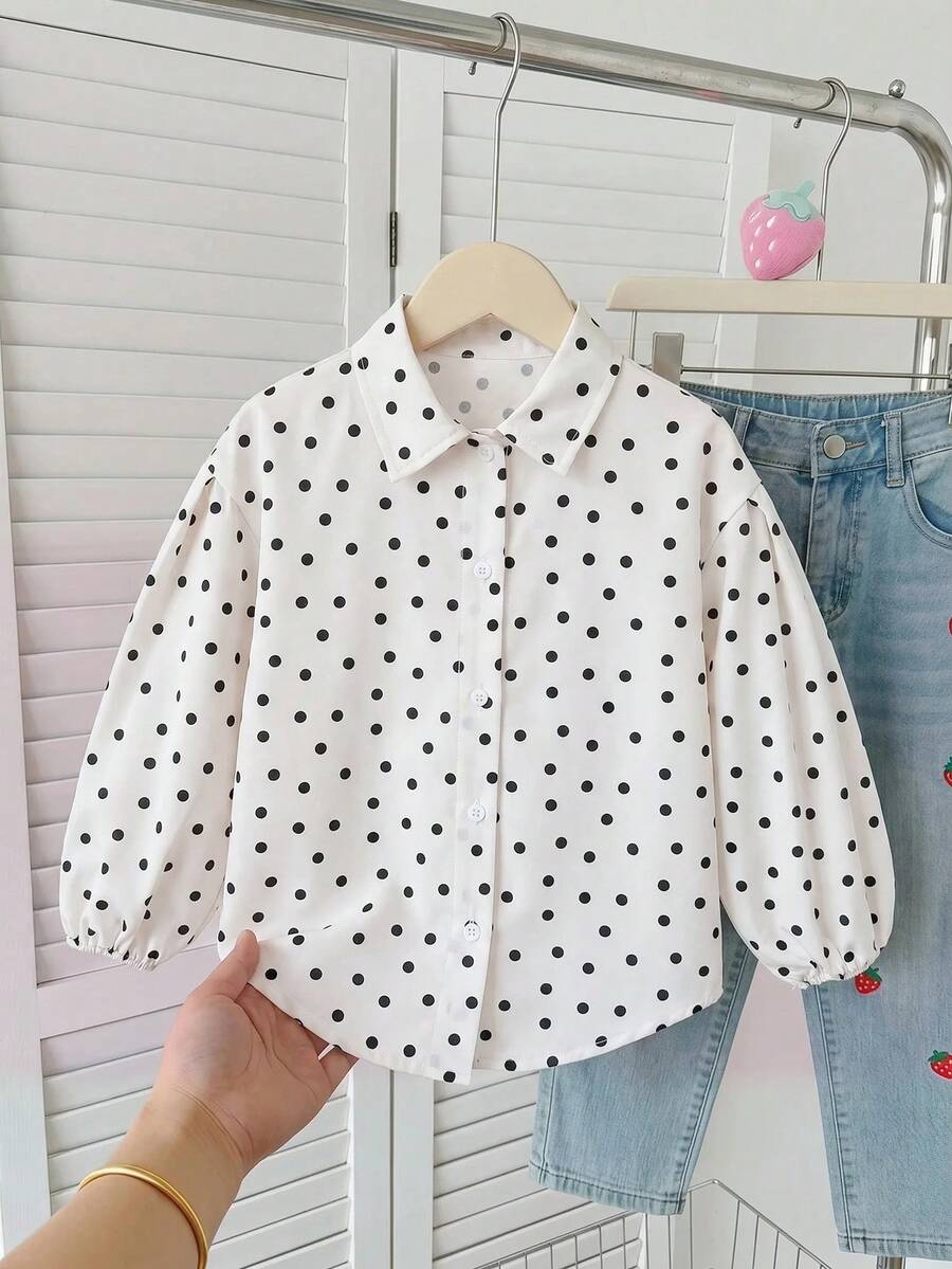 SHEIN 女童可愛時尚休閒百搭領口粉色條紋草莓圖案落肩寬鬆長袖襯衫,校園風,返校季 - 黑色 - 查看 1