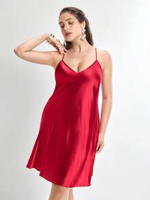 Slumbrini Red Sexy Satin Backless Halter Neck Plus Size Nightgown Red - Red - View 4