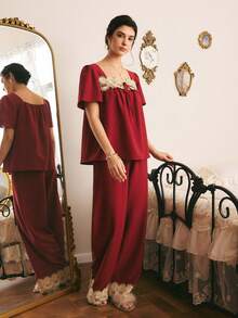 Côtesoire Women's Elegant Lace Patchwork Tie-Up Top And Long Pants Pajama Set - Burgundy - View 5