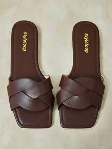 Styleloop Zapatillas de mujer retro de suela plana, punta cuadrada y abierta, sencillas, modernas y suaves, sandalias versátiles para uso diario y vacaciones - Café integral - Ver 2
