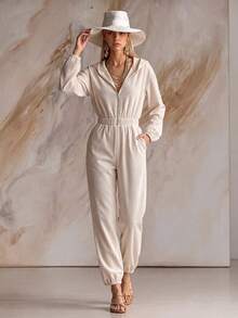 SHEIN Jumpsuit Wanita Berkerudung dengan Resleting Depan, Pinggang Tinggi, Karet Elastis, Saku, Lengan Panjang Longgar, dan Manset. - Putih - View 3