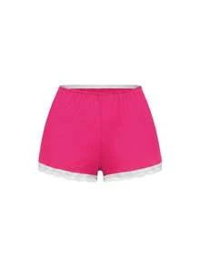 ROMWE Ribbed Lace Camisole And Shorts Casual Pajama Set - Hot Pink - View 7