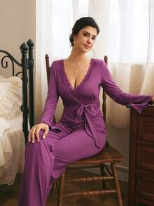 Côtesoire French Elegant Romantic Charm Lace Patchwork Asymmetric V-Neck Comfortable Knit Women's Pajama Set - Purple - View 3