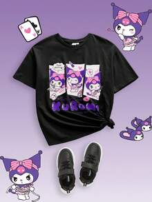 HELLO KITTY AND FRIENDS | SHEIN 青少年女孩卡通印花休闲百搭可爱宽松落肩宽松短袖 T 恤，夏季 - 黑色 - 查看 3