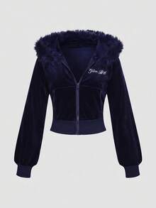 ROMWE Grunge Punk Setelan Wanita 2 Potong: Sweatshirt Berkerudung Pas Badan Bermotif Rhinestone Beludru Gaya Y2K Millennium Hot Girl, Celana Flare Pinggang Rendah - Navy Blue - View 5