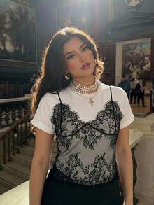 SHEIN MOD تي شيرت تيشرت قصير مقاس كبير، أبيض، من نوعية لانجري بياقة مدورة، متضمن طبقتان، مناسب للصيف - أبيض وأسود - مشاهدة 1