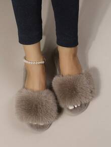 Glamine Fall/Winter Ladies' Fashionable Solid Color Bedroom Slipper With Single Strap & Fluffy Design In Mocha Brown,Halloween - Mocha Brown - View 2