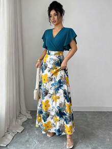 Elenzga Women's Elegant Colorful Floral Crossover Neck Ruffle Cap Sleeve Fitted Flared Dress, Spring/Summer - Multicolor - View 7