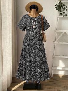 Rusticease Damen Große Größen Dunkelgrün Rundhals Kurzarm Rüschen Saum Kleid Urlaub Sommer Boho Korsett Lässig - Schwarz - Übersicht 6