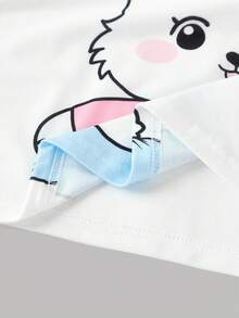 女童可爱兔子印花休闲宽松圆领短袖上衣和裤子套装 - 藍色 - 查看 4