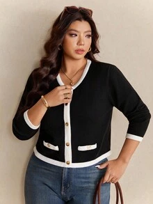 Elaquor 大尺碼女款對比色圓領長袖單排扣休閒針織開襟衫 秋冬款 - 黑色 - 查看 7