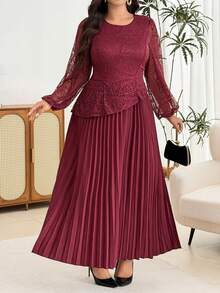 Modelyn Elegant Solid Color Lace Patchwork Round Neck Long Sleeve Cinched Waist Pleated Hem Regular Fit Plus Size Dress For Spring And Autumn - Burgundy - View 6
