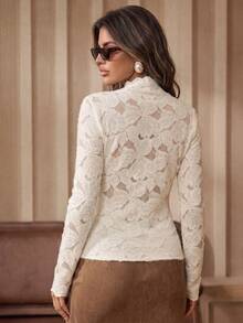 Anewsta Elegant, Fashionable, Sexy & Versatile Fitted Sheer Lace Long Sleeve Base Layer Top, Autumn/Winter - Apricot - View 6