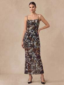 Almamuse Zebra Print Plunging Neck Mesh Insert Floral Cami Dress, Casual For Women - Multicolor - View 1