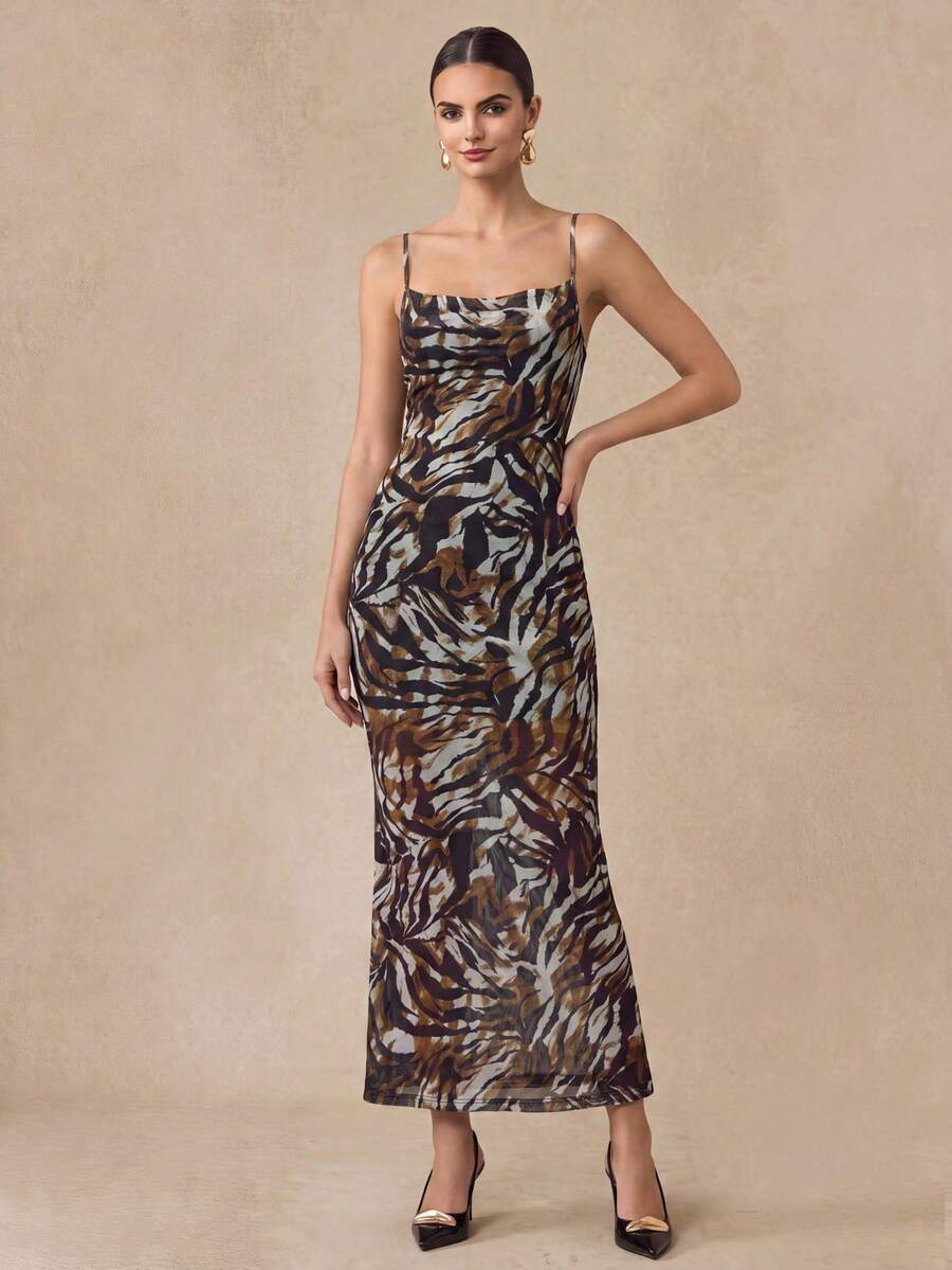 Almamuse Zebra Print Plunging Neck Mesh Insert Floral Cami Dress, Casual For Women - Multicolor - View 1