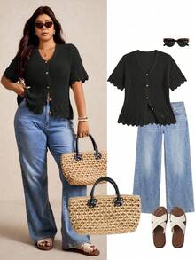 Elaquor Cárdigan de manga corta con botones y ribete de concha de unicolor minimalista y casual para tallas grandes - Negro - Ver 7