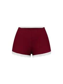 ROMWE Ribbed Lace Camisole & Shorts Casual Pajama Set - Burgundy - View 7
