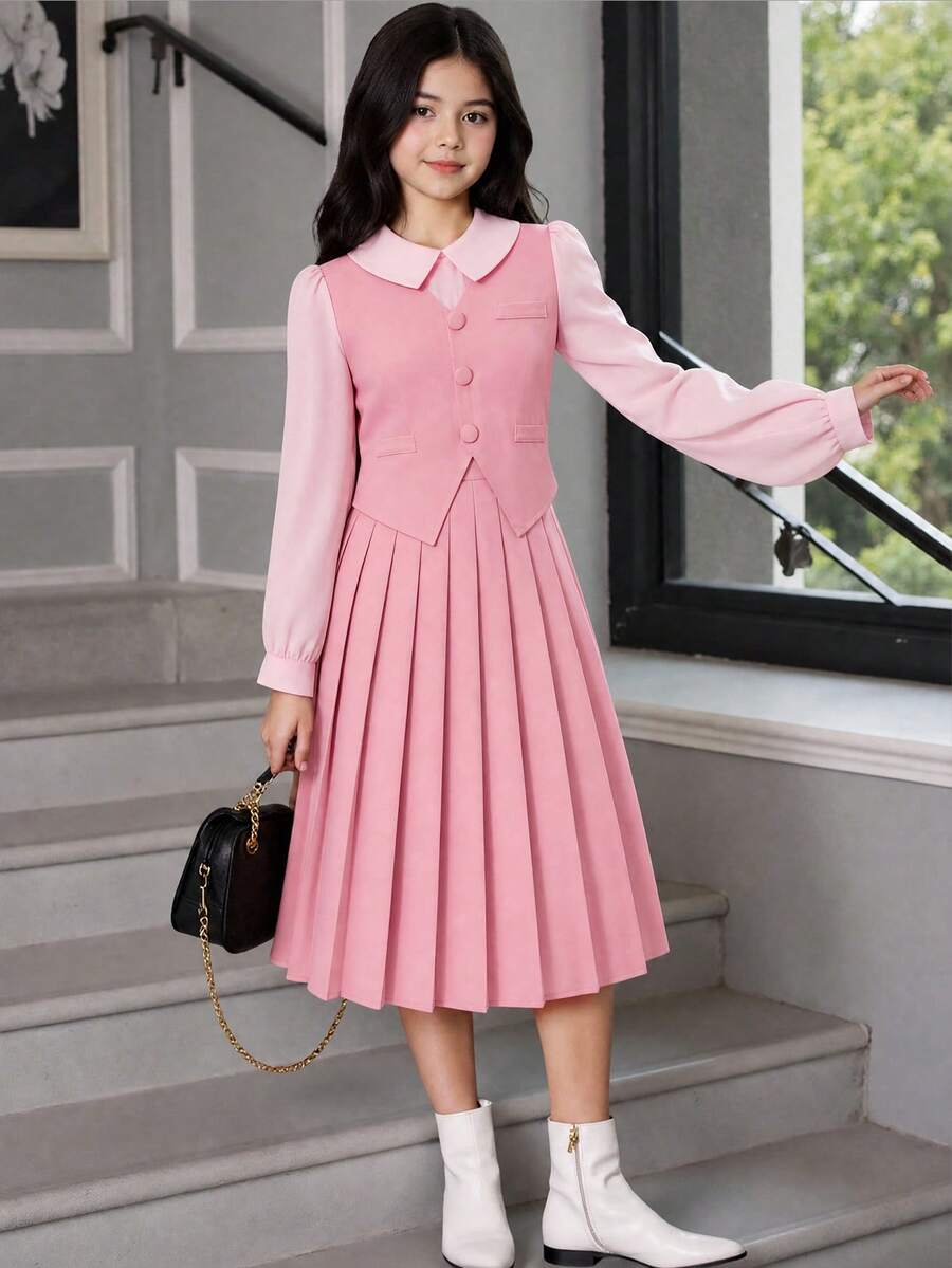 SHEIN 青少年女孩韓式時尚優雅甜美單排扣高級襯衫+百褶裙休閒兩件套 秋冬款 - 彩色 - 查看 1