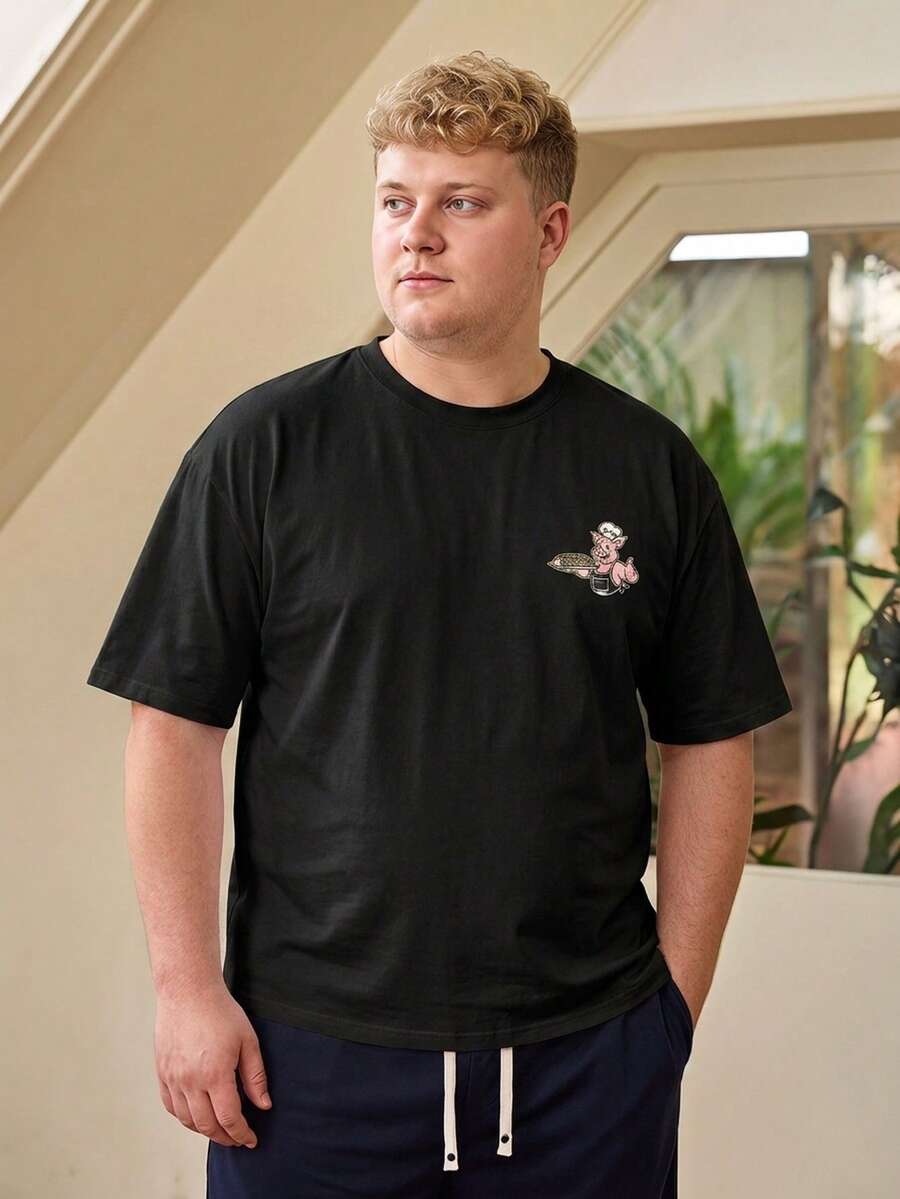 Whitmere Plus Size Men Cartoon Funny Letter Print Round Neck Short Sleeve Casual T-Shirt - Black - View 1