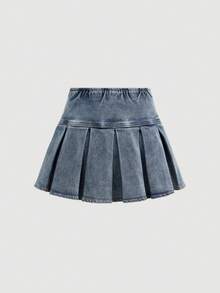 SHEIN 青少年女孩時尚休閒 Y2K 復古酷感街頭基本款簡約鈕扣設計街頭風藍色百褶牛仔裙，適合日常穿著、春夏季 Rave 祭典與街頭穿搭 - 藍色 - 查看 2