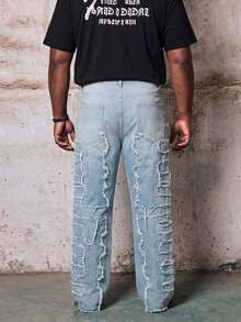 Skyrend Men's Plus Size Solid Black Creative Tassel Denim Pants, Emo Style Gothic Punk Streetwear For Emo Boy Fall/Autumn/Winter Grunge - Medium Wash - View 3