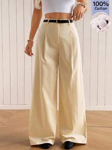 SHEIN EZwear 女款純色百褶休閒百搭寬腿褲，適合日常穿著 - 卡其色 - 查看 1