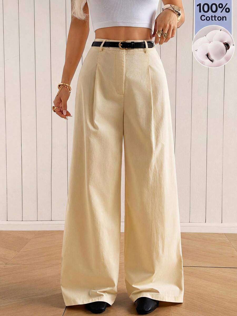 SHEIN EZwear 女款純色百褶休閒百搭寬腿褲,適合日常穿著 - 卡其色 - 查看 1