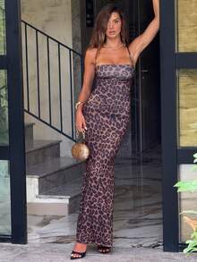 Sindi Myftari Women's Elegant Leopard Print Backless Halter Maxi Party Dress,Shades Of Brown,Summer,70s,Party Summer Holiday Outfits Spring Vacation Cruise - Multicolor - View 2