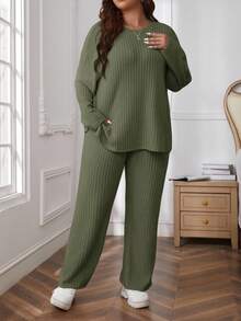 SHEIN Essnce Plus Size Casual Solid Color Long Sleeve Top And Pants 2 Pieces Set/Winter Fall - Army Green - View 3