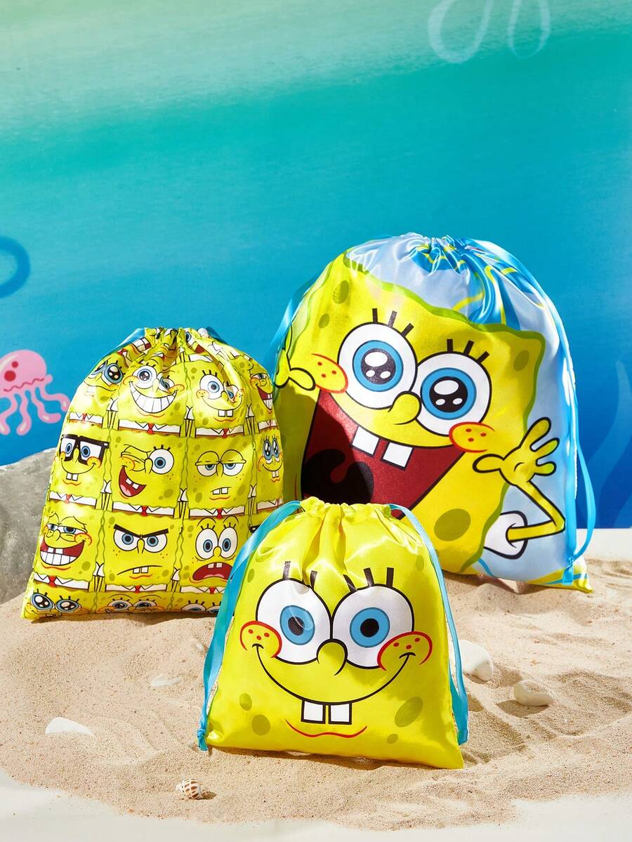 SpongeBob SquarePants | SHEIN 海洋卡通緞面抽繩收納袋,單件或組合販售,柔軟光滑布料,防塵抽繩設計,適合旅行衣物與盥洗用品收納 - 黃藍色 - 查看 1